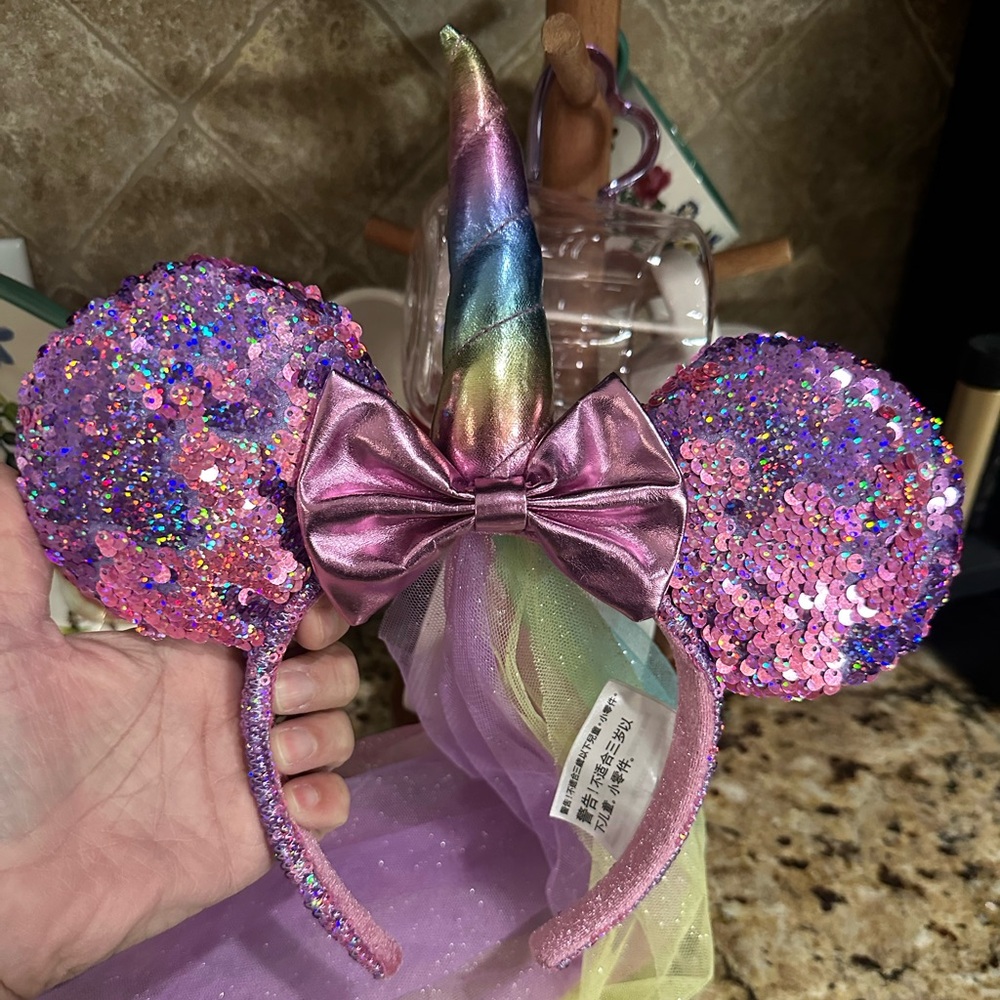 Disney Parks Minnie Mouse Ears Pink Purple Sequin Unicorn Rainbow Veil Headband